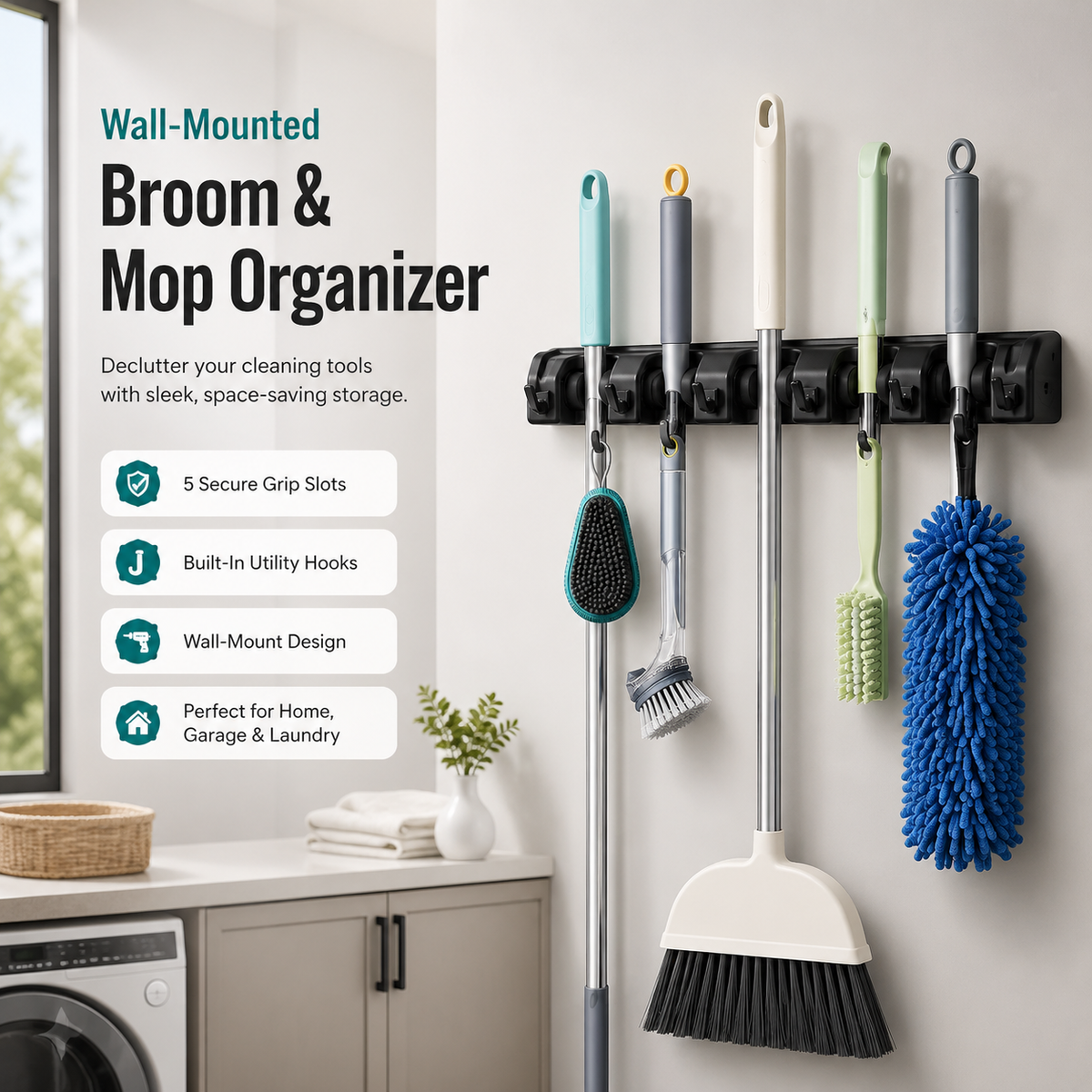 Cleanora Heavy-Duty Wall-Mount Broom and Mop Holder