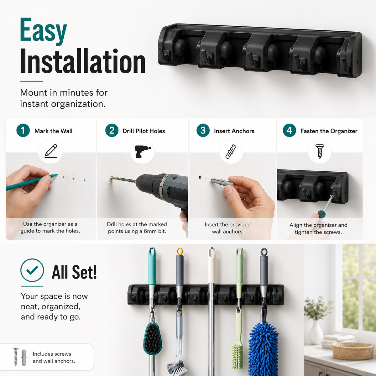 Cleanora Heavy-Duty Wall-Mount Broom and Mop Holder