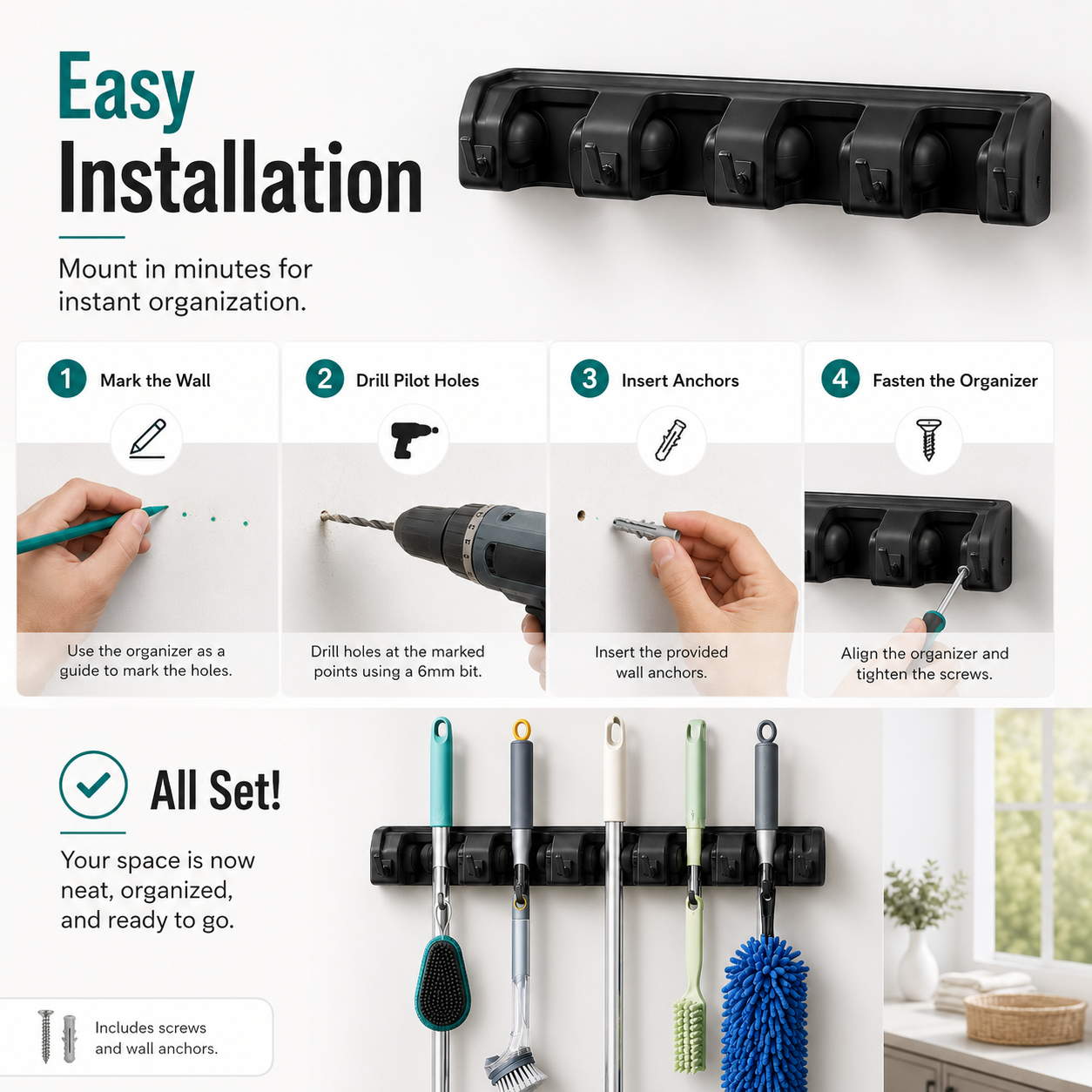 Cleanora Heavy-Duty Wall-Mount Broom and Mop Holder