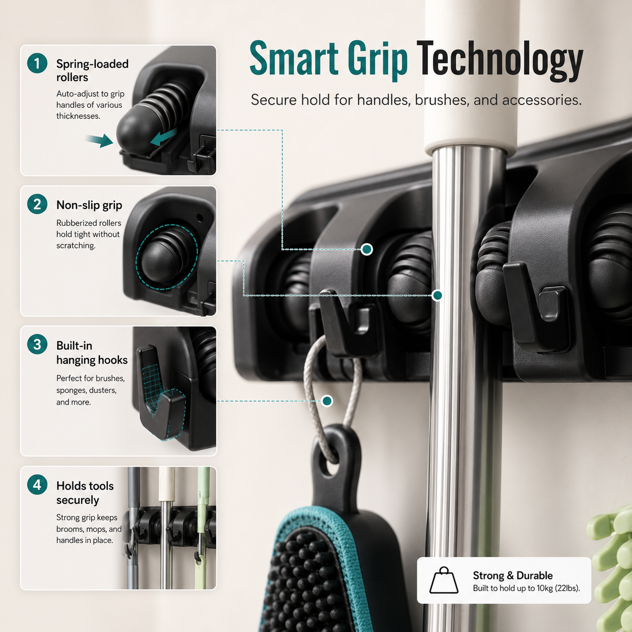 Cleanora Heavy-Duty Wall-Mount Broom and Mop Holder